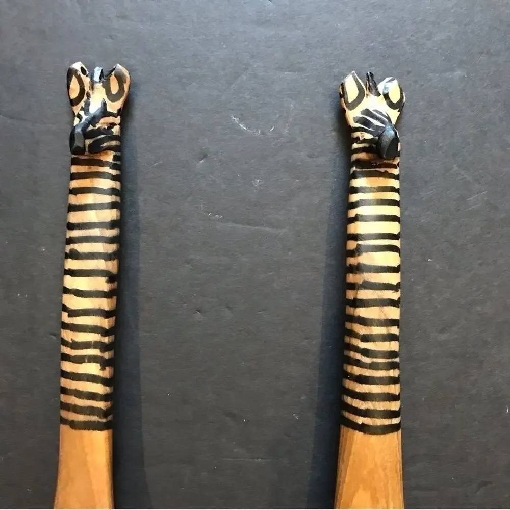 African Hand Carved Wooden Zebra Serving Spoons, Two Piece Set
